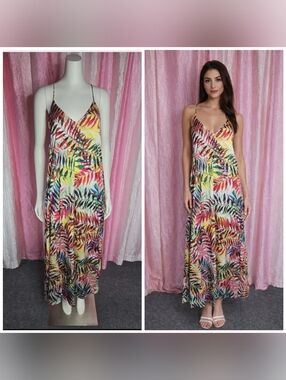 Nicole Miller Colorful Leaf Print Slip Maxi Dress With Self Bra Size XS